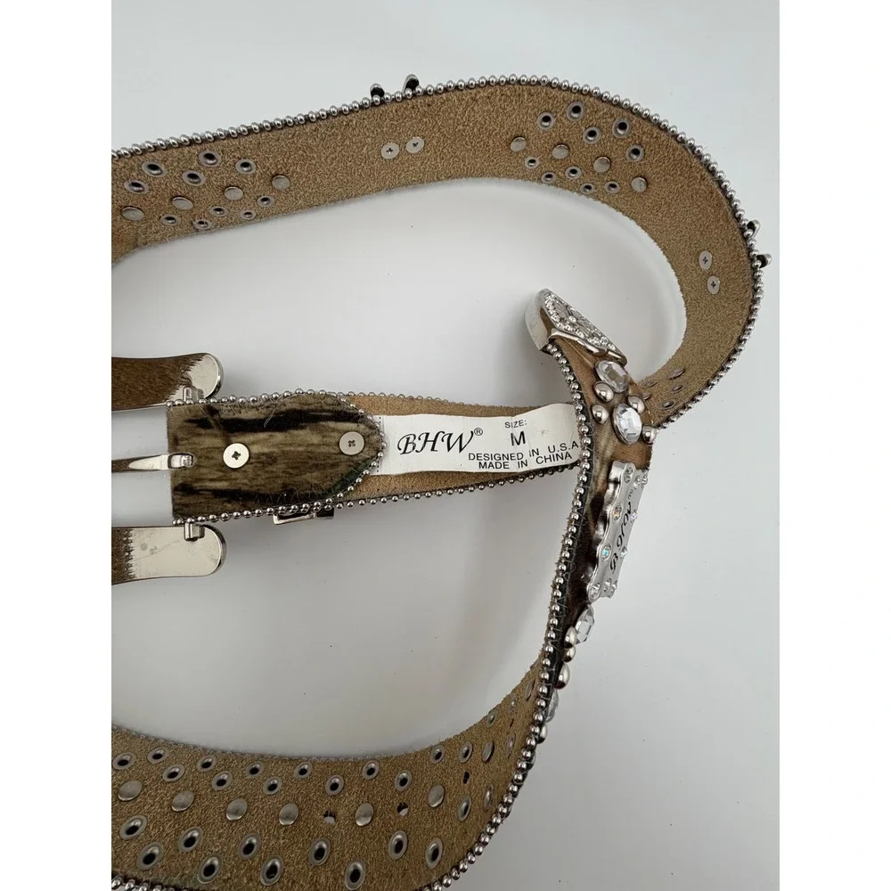 BHW Western Camo Hair on‎ Hide Rhinestone Studded Belt Silver Buckle Size M